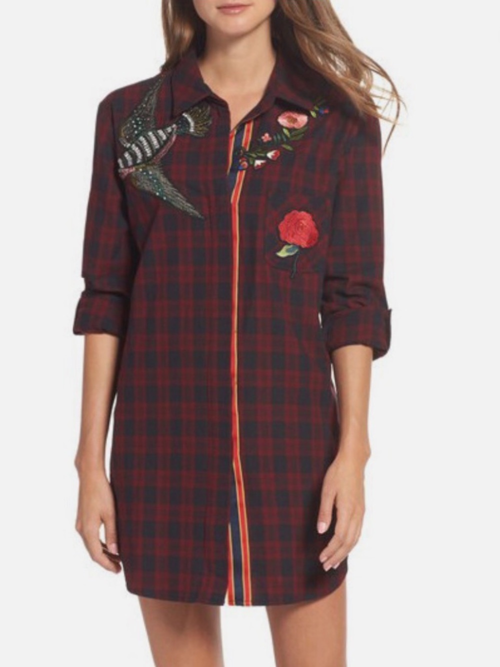 Sam Edelman Crystal Embellishment & Embroidery Red Black Plaid Shirt Dress